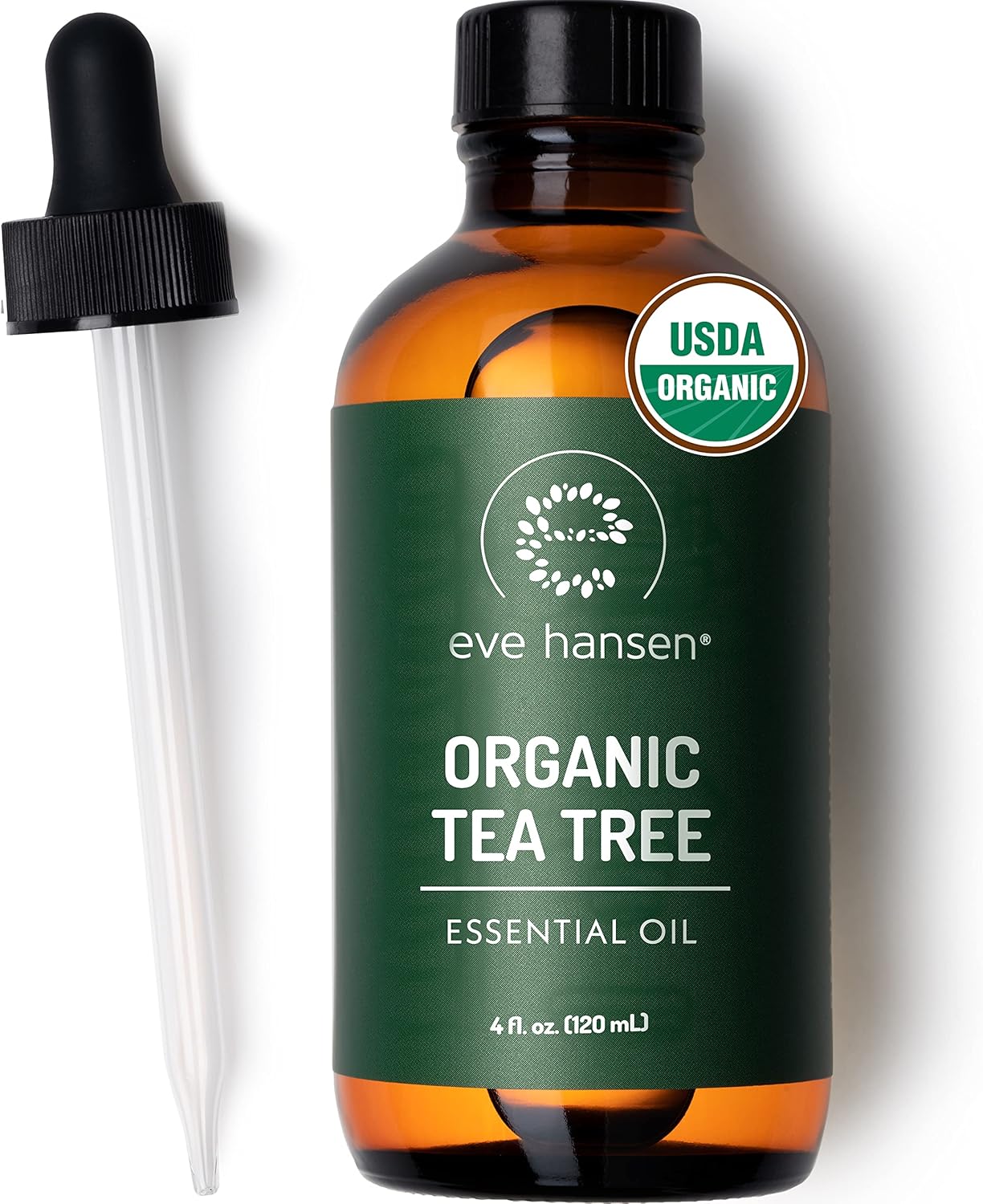 Eve Hansen Organic Tea Tree Essential Oil skincare bottle with dropper highlighting USDA organic formula.