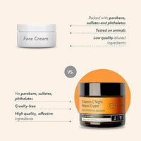 Vitamin C Night Repair Cream skincare comparison image showing a standard face cream versus Vitamin C Night Repair Cream, highlighting no parabens, sulfates, or phthalates, cruelty-free formula, and high-quality ingredients.