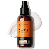Eve Hansen Vitamin C Moisturizer skincare bottle highlighting age-resisting protective lotion for all skin types with organic ingredients, made in USA.