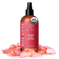 Eve Hansen Rose Water skincare spray bottle highlighting USDA organic, pure and natural formula.