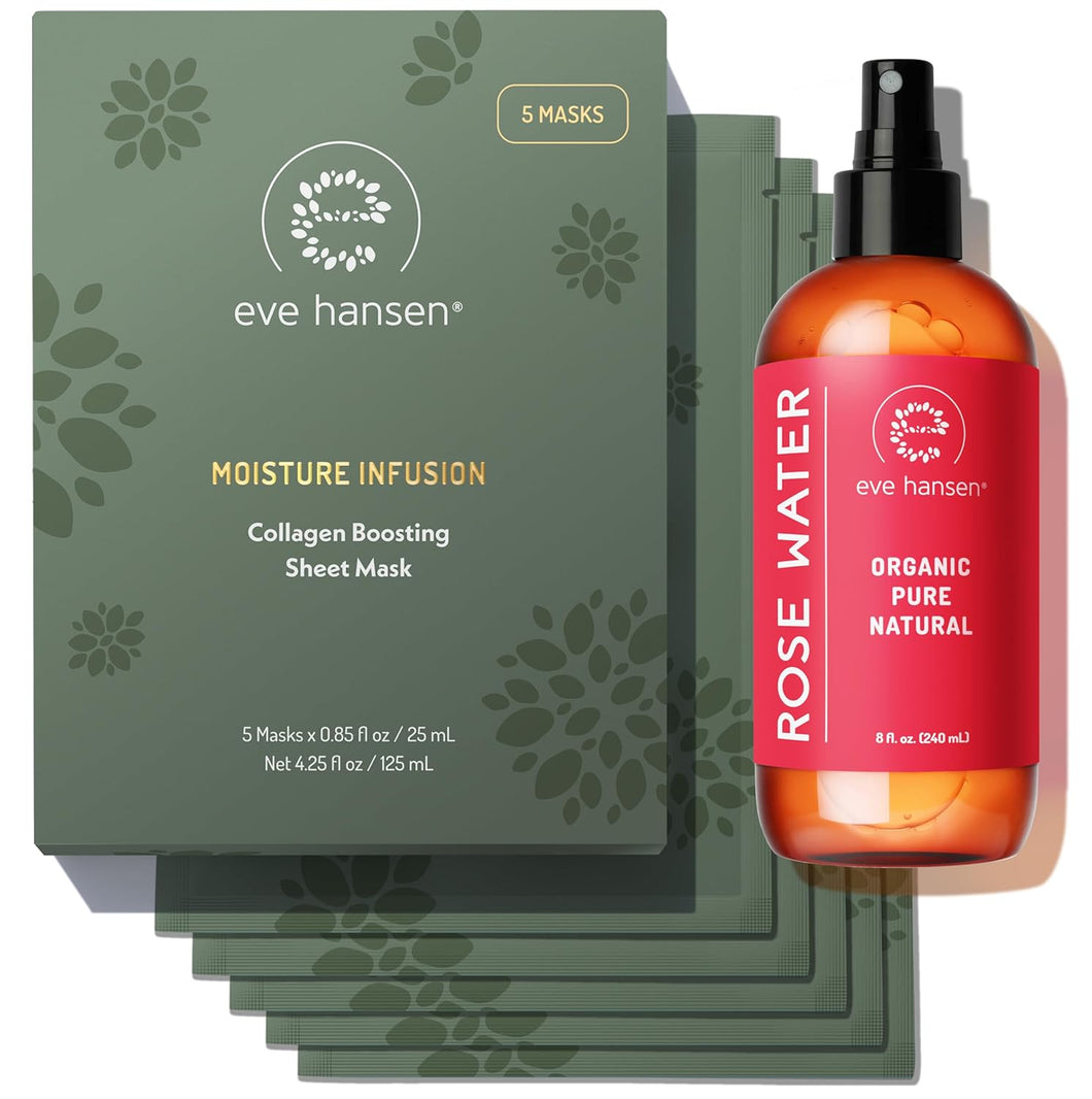 Eve Hansen Skincare Set: 5 Hyaluronic Face Mask Sheets & 8 oz Organic Rose Water Spray