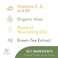 Vitamin C Night Repair Cream skincare ingredient list highlighting vitamins C, E, and B5, organic aloe, nourishing oils, and green tea extract.