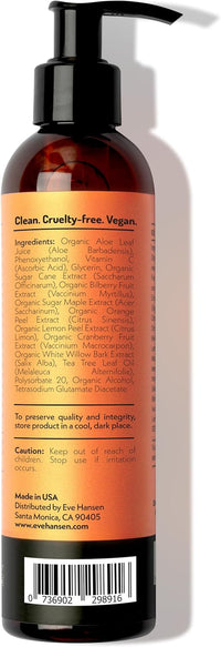Eve Hansen Vitamin C Toner skincare bottle back label highlighting clean, cruelty-free, vegan formula and full ingredient list.