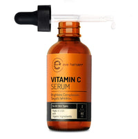 Eve Hansen Vitamin C Serum skincare bottle with dropper highlighting brightening complexion and targeting wrinkles, made in USA with organic ingredients.