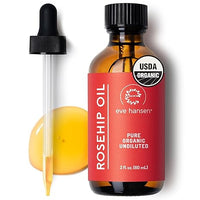 Eve Hansen Rosehip Oil skincare bottle with dropper highlighting USDA organic, pure organic undiluted formula.
