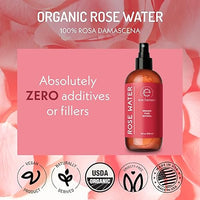 Eve Hansen Organic Rose Water skincare spray bottle highlighting 100% Rosa Damascena with zero additives or fillers, USDA organic, vegan, cruelty-free, and made in USA.