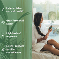 Eve Hansen Organic Tea Tree Essential Oil skincare and haircare lifestyle image highlighting support for hair and scalp health, toenail care, high terpenine content, and purifying aromatherapy scent.