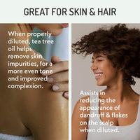 Tea tree oil skin and hair care image showing diluted application to skin and curly hair, highlighting impurity removal, improved complexion, and reduced dandruff and scalp flakes.