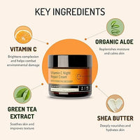 Vitamin C Night Repair Cream skincare jar shown in product packaging for nighttime moisturizing.