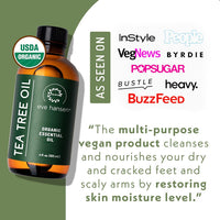 Eve Hansen Organic Tea Tree Essential Oil skincare image highlighting USDA organic certification, vegan multi-purpose use, and media mentions from InStyle, People, VegNews, Byrdie, PopSugar, Bustle, Heavy, and BuzzFeed.
