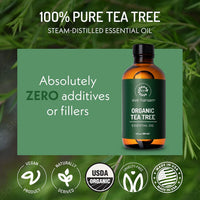 Eve Hansen Organic Tea Tree Essential Oil skincare image highlighting 100% pure steam-distilled formula with zero additives or fillers, USDA organic, vegan, cruelty-free, and made in USA.