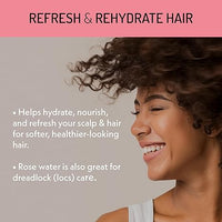 Eve Hansen Rose Water skincare and haircare lifestyle image highlighting hydration, nourishment, and refreshing scalp and hair, including suitability for dreadlock care.