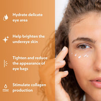 Eve Hansen Vitamin C Eye Gel applied under eyes to hydrate delicate skin, brighten dark circles, reduce eye bags, and support collagen production.