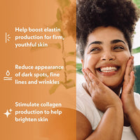 Eve Hansen Vitamin C Serum skincare lifestyle image highlighting support for firmer, youthful-looking skin, reduced appearance of dark spots, fine lines and wrinkles, and brighter-looking skin.