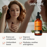 Eve Hansen Vitamin C Serum skincare lifestyle image highlighting even skin tone, improved skin resilience, antioxidant boost, and hydration with soothing and tightening benefits.