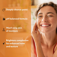 Eve Hansen Vitamin C Cleanser skincare lifestyle image highlighting deep pore cleansing, pH balanced formula, gentle cleansing without stripping moisture, and brighter complexion with enhanced tone and texture.