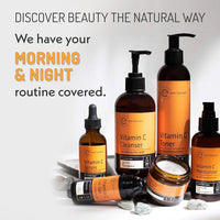 Vitamin C skincare routine image showing Eve Hansen Vitamin C cleanser, toner, serum, moisturizer, and night cream highlighting morning and night skincare routine.