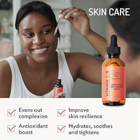 Eve Hansen Vitamin C + E Brightening Anti-Wrinkle Serum skincare lifestyle image highlighting even skin tone, improved skin resilience, antioxidant boost, and hydration with soothing and tightening benefits.