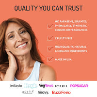 Eve Hansen Vitamin C + E Brightening Anti-Wrinkle Serum skincare quality image highlighting no parabens, sulfates, phthalates, synthetic colors or fragrances, cruelty-free formula, high-quality natural and organic ingredients, and made in USA.