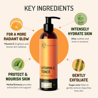 Eve Hansen Vitamin C Toner skincare key ingredients image highlighting vitamin C for radiant glow, aloe for intense hydration, herbal extracts for antioxidant nourishment, and sugar cane for gentle exfoliation.