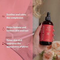 Eve Hansen Rose Water skincare lifestyle image highlighting soothing and calming the complexion, hydrating and refreshing skin and hair, and toning skin for improved appearance of pores.