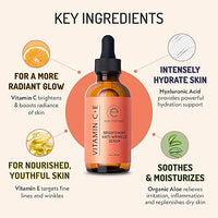 Eve Hansen Vitamin C + E Brightening Anti-Wrinkle Serum skincare key ingredients image highlighting vitamin C for radiant glow, hyaluronic acid for intense hydration, vitamin E for nourished youthful skin, and organic aloe for soothing and moisturizing.