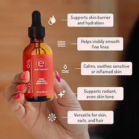 Eve Hansen Rosehip Oil skincare lifestyle image highlighting support for skin barrier and hydration, visibly smoothing fine lines, calming sensitive skin, supporting radiant even skin tone, and versatility for skin, nails, and hair.