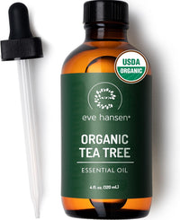 Eve Hansen Organic Tea Tree Essential Oil skincare bottle with dropper highlighting USDA organic formula.